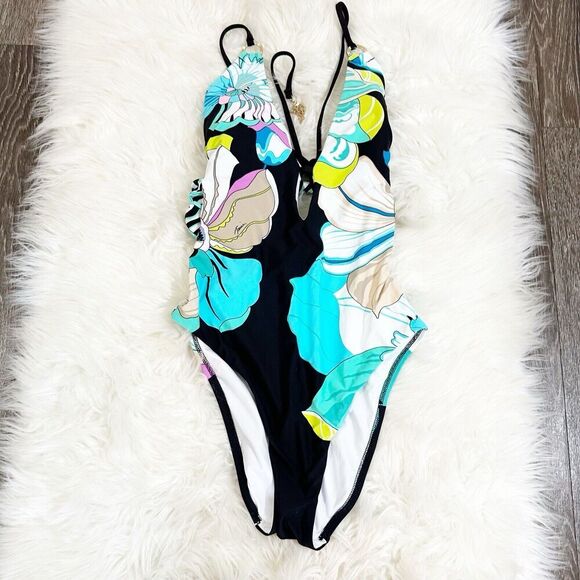 Trina Turk Black and Blue Floral One Piece Swimsuit - Picture 1 of 4